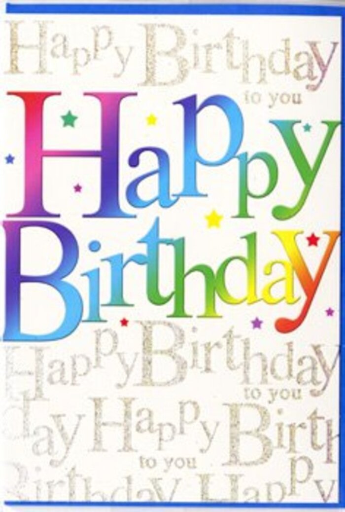 This birthday card design feels like a snapshot of pure celebration, as if it has gathered up the happy noise and colour of a Collier Row birthday party and translated it into print. Dominating the front, the phrase Happy Birthday is written in generous, rounded letters that stretch proudly from side to side. Each individual letter carries a soft, blended wash of colour, transitioning from bold reds through tangerine orange, sunshine yellow, fresh green, and into vibrant blues and purples, creating a visual rhythm reminiscent of festive streamers strung along a local hall on a party afternoon. The colours are bright but not harsh, with a satin-like smoothness giving them a touch of sophistication. You get the sense that the letters are slightly embossed and glossy, designed to stand out both visually and to the touch. Behind this jubilant line of text, the background is covered with a pattern of looping gold handwriting that repeats Happy Birthday to you in a delicate script. The writing winds and overlaps gently, forming a soft golden tapestry of wishes. The metallic ink appears finely applied, catching light at certain angles much like the reflections on car windows along Straight Road in late afternoon sun. Small, subtle sparkles and tiny dots of colour are scattered across the surface, echoing the playful scatter of confetti on a party table. The layout leaves a comfortable margin at the edges, allowing the eye to rest and making the central message stand out clearly. Altogether, this card strikes a graceful balance between lively colour and refined detail, making it an ideal choice for expressing warm birthday greetings to someone special in Collier Row.