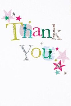Chosen often by our Collier Row customers for its festive charm, this thank you card sets a scene of jubilant warmth. Across its front, 'Thank You' is hand-lettered in distinct, kaleidoscopic shades-vivid green, magenta, and blue-with each letter detailed in a medley of stitched outlines and tiny, gleaming silver touches. The effect is reminiscent of handcrafted banners fluttering at a Collier Row community celebration near Mawney Road. Radiating from the message, clusters of stars in pinks, golds, and teals give the impression of confetti swirling after a joyful event, ready to uplift the mood of the recipient. The pure white background accentuates every joyful burst of colour, making the card's sentiment leap forward with clarity and grace. The overall design suggests warmth and a florist's thoughtfulness-the kind we cherish in every arrangement at Flowers Collier Row. Imagine this card nestled amidst a vibrant bouquet, carrying with it not just words but the texture and cheer of a handmade gift, ideal for expressing gratitude across the Collier Row area.