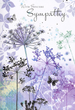 The artwork on this sympathy card is like a quiet, painted sigh of comfort, rendered in muted purples, delicate lavenders, and silvery green tones that would not feel out of place in a soft Collier Row twilight. Tall, refined umbelliferous flowers stretch upwards on slender stems, their heads composed of many tiny blossoms that fan out in gentle, starburst patterns. These intricate forms are drawn so lightly that they appear almost to float against the softly blurred backdrop. The background itself is made of subtle watercolour washes, a gentle mingling of pale violet, blue-grey, and diluted green, suggesting a distant field or a sky settling into dusk without ever becoming a literal landscape. Small butterflies drift among the stems, wings half-open, painted in translucent notes of lilac and pearl. They look as if caught in a still moment, neither arriving nor leaving, but simply present. As a florist working with families across Collier Row, I recognise in this composition the same quiet strength that thoughtful sympathy flowers convey: understated elegance, room for silence, and a sense that beauty can be a tender witness to grief. There are no bold contrasts here, just soft gradations of colour and gently curving lines, allowing the mind to rest on the shapes and breathe. This card's illustration offers a visual space for remembrance, gently echoing the idea that, like these wildflowers and butterflies, love and memory continue to exist in the softest, most unexpected corners of everyday life.