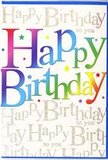 This birthday card exudes the same lively charm you might feel walking past a Collier Row bakery window filled with party cakes and candles. The central focus is the phrase Happy Birthday, displayed in large, friendly letters that almost seem to bounce with excitement. Each letter is bathed in its own shade of colour, shifting smoothly through a spectrum that begins with rich crimson and cherry tones, moves into warm oranges and bright yellows, and then flows into fresh greens, cool blues, and hints of purple. The rainbow effect is soft and well-blended, giving a sense of movement and depth, as if the colours are gently glowing from within. These letters have a polished, slightly glossy finish, suggesting they would shine subtly when the card is turned in the light. Behind the bold phrase, the background is alive with repetition of the words Happy Birthday to you in fine, flowing gold script. The handwriting-style script loops and curls with elegance, creating a delicate pattern that supports rather than competes with the main message. The gold ink adds a gentle shimmer, akin to the glint of fairy lights at an evening celebration. Tiny specks of colour and faint star-like accents appear here and there, enhancing the festive feel while remaining understated. The cardstock appears sturdy and smooth, suggesting a quality piece that feels as good in the hand as it looks on display. Altogether, this card offers a vibrant yet tasteful way to convey birthday wishes, perfectly suited for friends and family celebrating in and around Collier Row.
