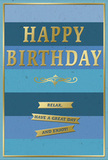 This image features an elegantly understated birthday card, blending multiple shades of blue with carefully placed gold details, ideal for a thoughtful birthday in Collier Row. The backdrop is built from wide, horizontal stripes that move gradually through the blue spectrum, starting with a rich navy at the base and drifting toward lighter denim, teal, and finally a soft, skylike blue across the top. This gentle gradation creates a sense of depth and calm, much like the soft light that settles over residential streets on a quiet evening. Centered prominently, the greeting HAPPY BIRTHDAY is embossed in large, metallic gold capitals. The lettering is clean and evenly spaced, with a warm sheen that glows when light falls across it, lending the card a subtle touch of luxury. Immediately beneath this central message, a graceful gold flourish stretches horizontally, its looping curves adding sophistication without clutter. Below the flourish, three narrow gold banners are neatly arranged one above the other, each embossed with part of a friendly message: Relax, have a great day and enjoy! These banners share the same polished metallic finish, providing a visual rhythm that leads the eye down the card. A slim gold border runs around the entire card, framing the blue stripes and golden elements to create a cohesive, balanced composition. The surface looks smooth and matte, allowing the raised gold embossing to cast tiny shadows that give the design depth. It's easy to picture this card resting beside a hand-delivered birthday bouquet in a Collier Row home, lending an air of quiet celebration and genuine warmth to the occasion.