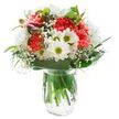 This exuberant bouquet blends spring vitality and Collier Row's welcoming character, arranged in a simple clear glass vase with every blossom and leaf revealed against a bright, white background. At the center, dense, coral-hued carnations seem to ripple with life, their textured petals adding depth and movement. Encircling them, clusters of white chrysanthemums and playful daisies open wide, their yellow-green eyes sparkling with optimism and echoing the cheerful spirit found at nearby Lawns Park. Layered in between, misty sprays of white baby's breath subdue the bold shapes, uniting the arrangement with gentle airiness. On one side, closed hints of magenta alstroemeria promise further delight as days go on. Framing the flowers, deep green foliage-both sweeping and slender-forms a supportive cradle, grounding the bouquet and enhancing its freshness. Through the vase, upright stems are bathed in clear water, reinforcing a sense of life just harvested from a Collier Row garden. Every detail-colour, texture, the interplay of light-combines to create a bouquet perfect for sharing joy, expressing thanks, or celebrating life's occasions with those who matter most, whether near Collier Row Road or throughout the greater Romford area.